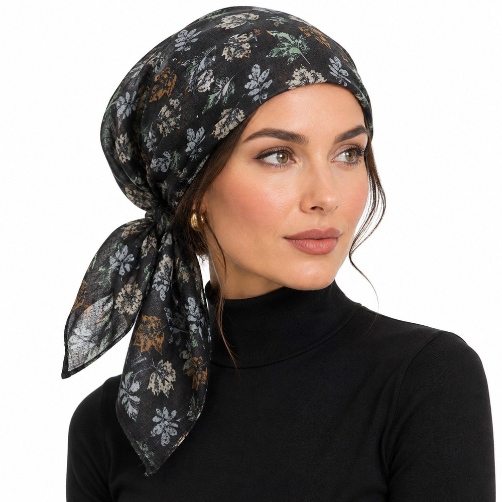 Autumn Leaf Print Cotton Bandana Square Scarf Black Green Orange Fairy 115-14